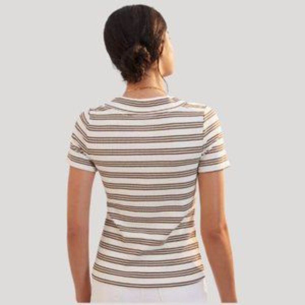 DAILY PRACTICE Anthropology White Brown Striped Ribbed V-Neck Short Sleeve Large - Picture 3 of 11